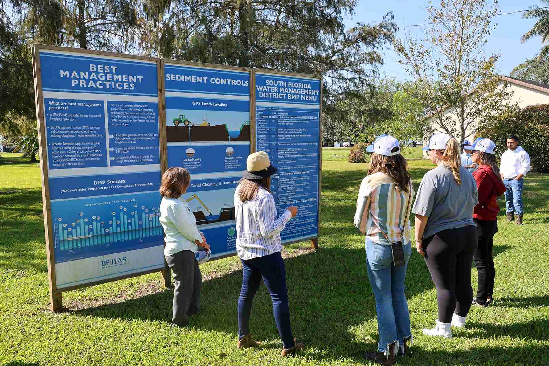 people looking at a poster outside